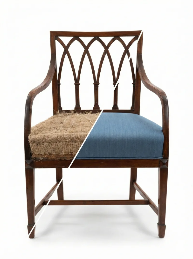 Restaurierter Stuhl im Vorher-Nachher-Vergleich - fachgerecht neu gepolstert